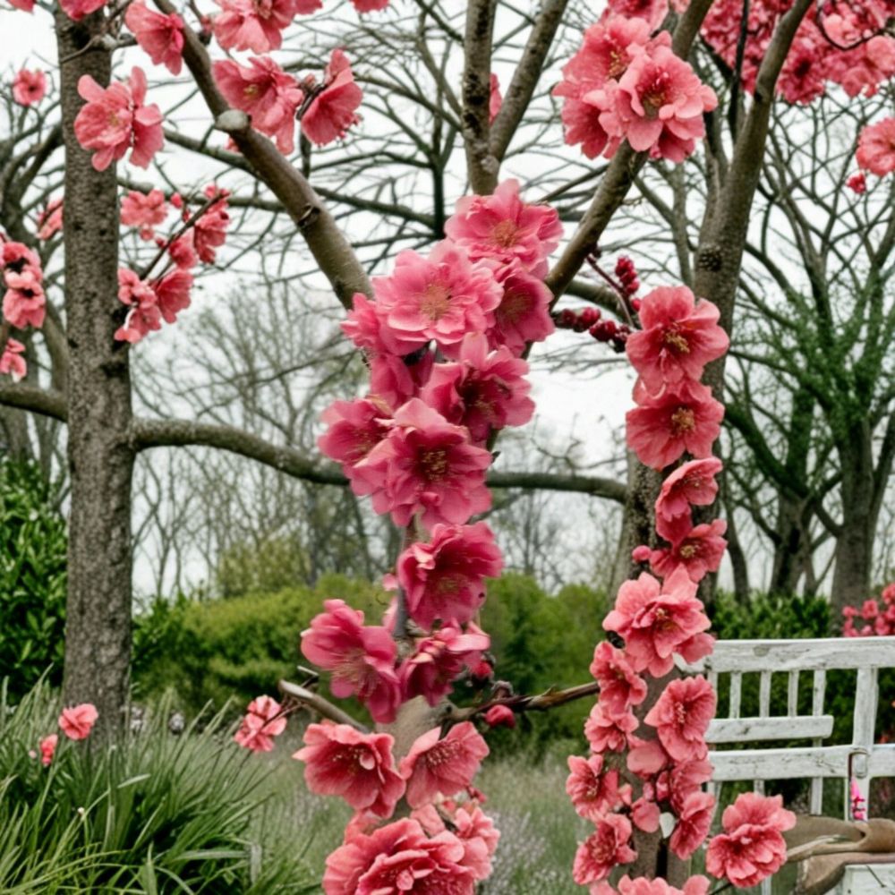 Crimson Cascade Weeping Flowering Peach Tree – 4–6 Ft Live Tree with Double Red Pink Spring Blooms – Ornamental Landscape Tree