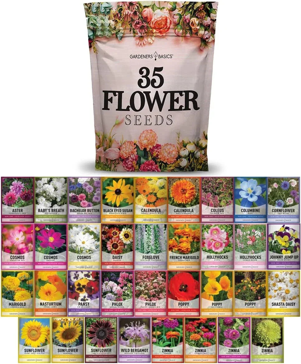 Flower Seeds Packets - 35 Varieties for Planting - Wildflowers, Herbs, Vegetables - Perennial & Annual Seed Mix Collection