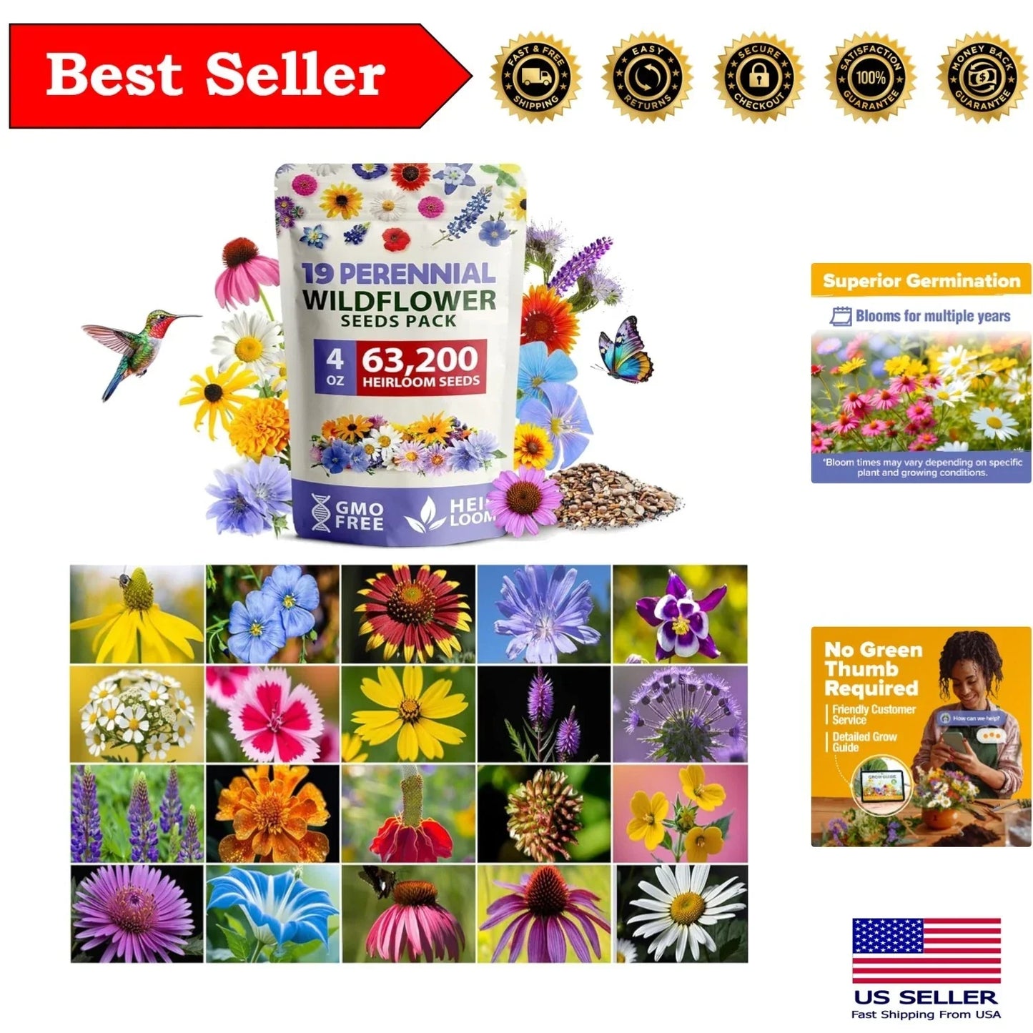 Wildflower Seeds 4oz Non-GMO Perennial Mix for Pollinators – 19 Varieties, Attract Bees & Butterflies, Eco-Friendly Garden Seed Blend