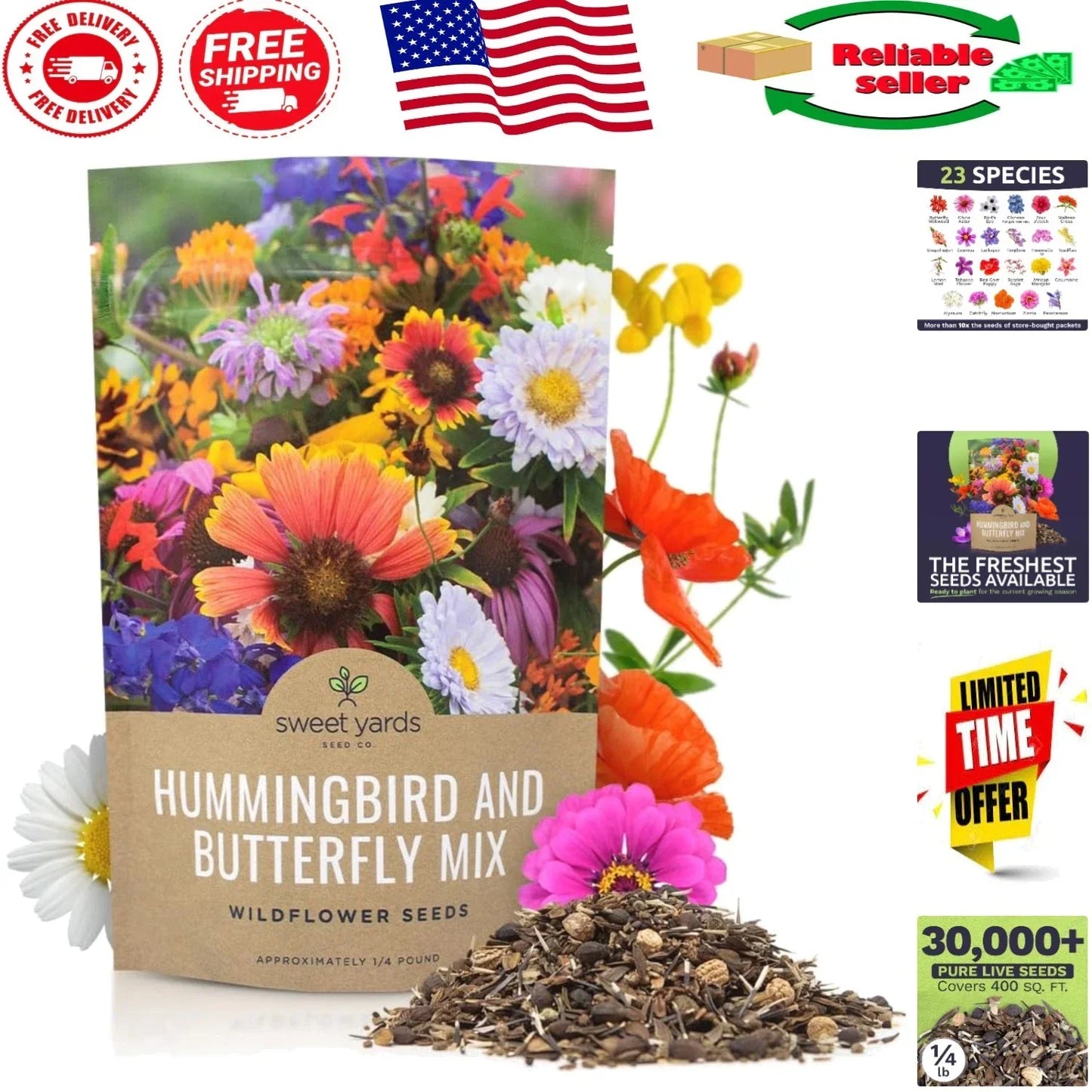 Wildflower Seeds - 30,000 Open-Pollinated Butterfly & Hummingbird Garden Mix - Native Pollinator Plants for Bees, Butterflies, Hummingbirds