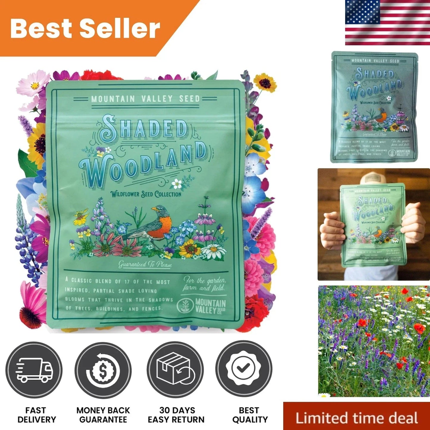 Wildflower Seed Mix 3 Oz – 19 Non-GMO Native Varieties for Shade & Pollinators – Natural Garden Planting Seed