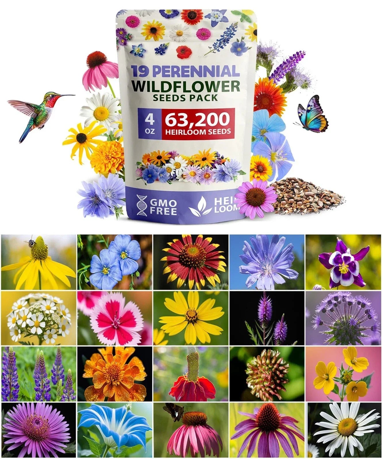 Wildflower Seed Mix 63,200+ Seeds, 19 Varieties, Native Flower Seeds for Bees & Birds, Pollinator Garden, Eco-Friendly Landscaping