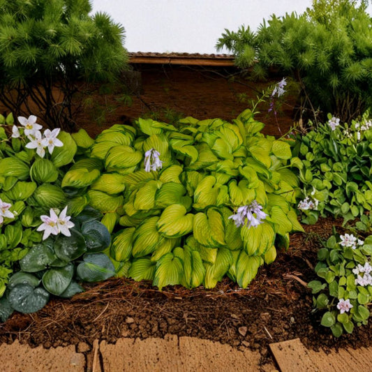 Hosta 'Stained Glass' Starter Plant – Gold Variegated Leaves, Fragrant Lavender Flowers, Shade Garden Favorite, Bare Root
