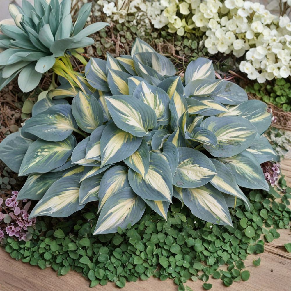 Hosta ‘High Society’ – Live Bare Root Perennial, Small Blue and Gold Foliage, Shade Garden Plant, 3 Pack Starter