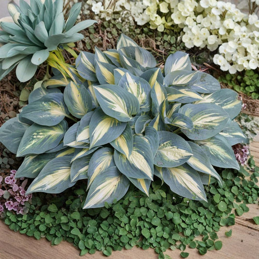 Hosta ‘High Society’ – Live Bare Root Perennial, Small Blue and Gold Foliage, Shade Garden Plant, 3 Pack Starter