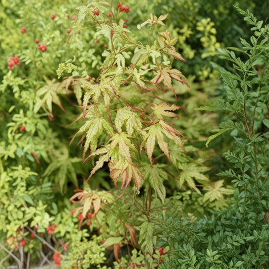 Japanese Maple Live Plant 8 Inches Tall Acer palmatum 'Peaches and Cream' Variegated Foliage 1-Gallon Pot for Patio & Landscape