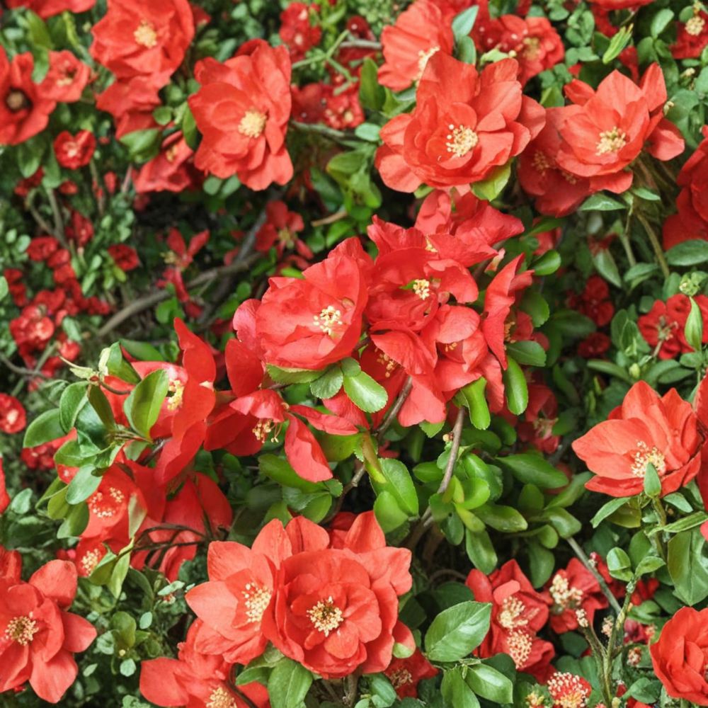 Chaenomeles x superba 'Texas Scarlet' Red Flowering Quince Live Plant | 2 Gallon Pot | Hardy Shrub with Scarlet Spring Blooms