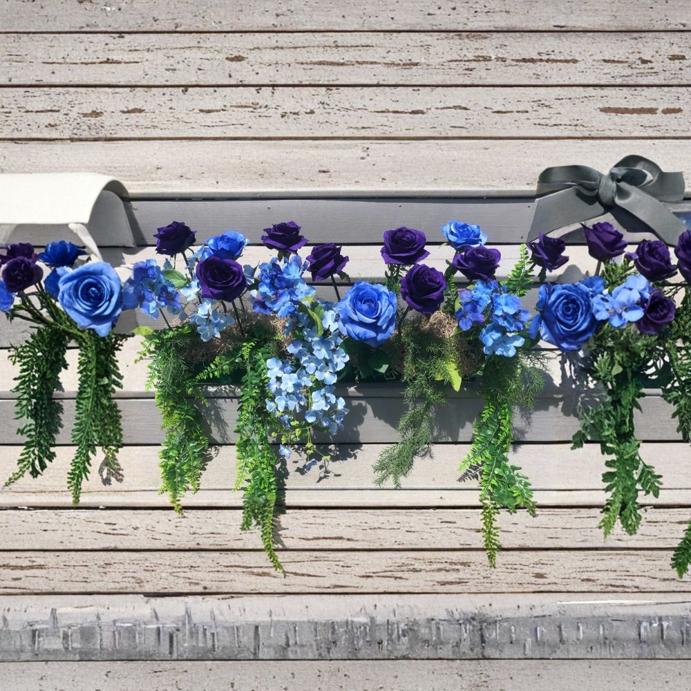 Silk Floral Window Box Arrangement – Cascading Greens with Blue & Purple Roses, Outdoor Decorative Display, Fits 36-Inch Window Box