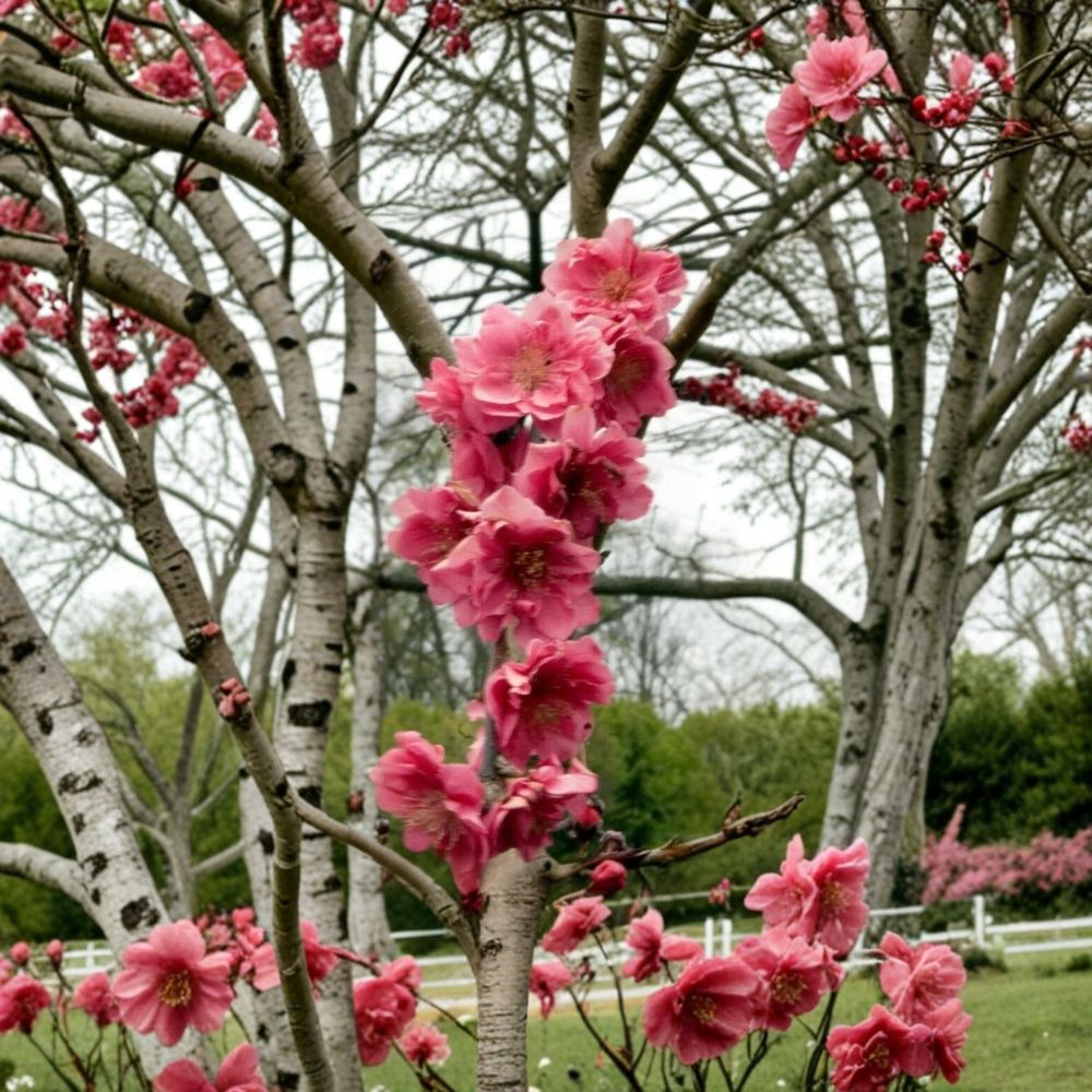 Crimson Cascade Weeping Flowering Peach Tree – Prunus persica Live Plant with Double Red Pink Blossoms, Root-Wrapped, Ornamental Landscape Tree