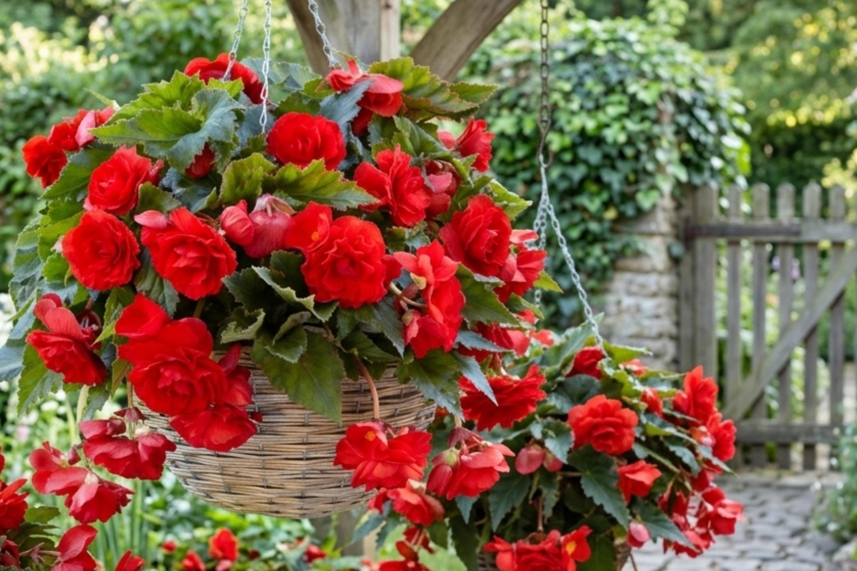 Scarlet Red Begonia Double Hanging Basket Live Plant Bulbs - Begonia x tuberhybrida, Flowering, Indoor & Outdoor