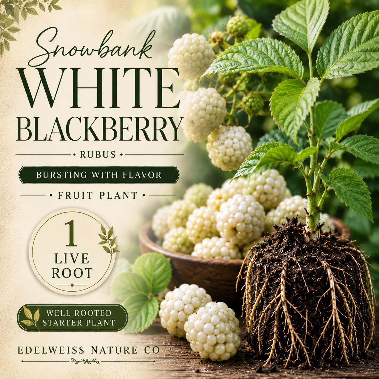 Snowbank White Blackberry Plant – Heirloom Non-GMO Rubus hybrid, White Berries, Self-Pollinating, Trailing Growth, Garden Bed or Trellis