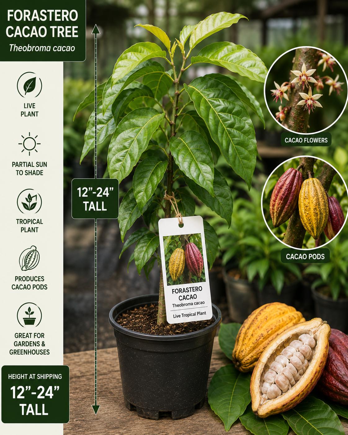 Forastero Cacao Plant 12-24 Inches Tall – Theobroma cacao – Easy to Grow Tropical Cacao Tree
