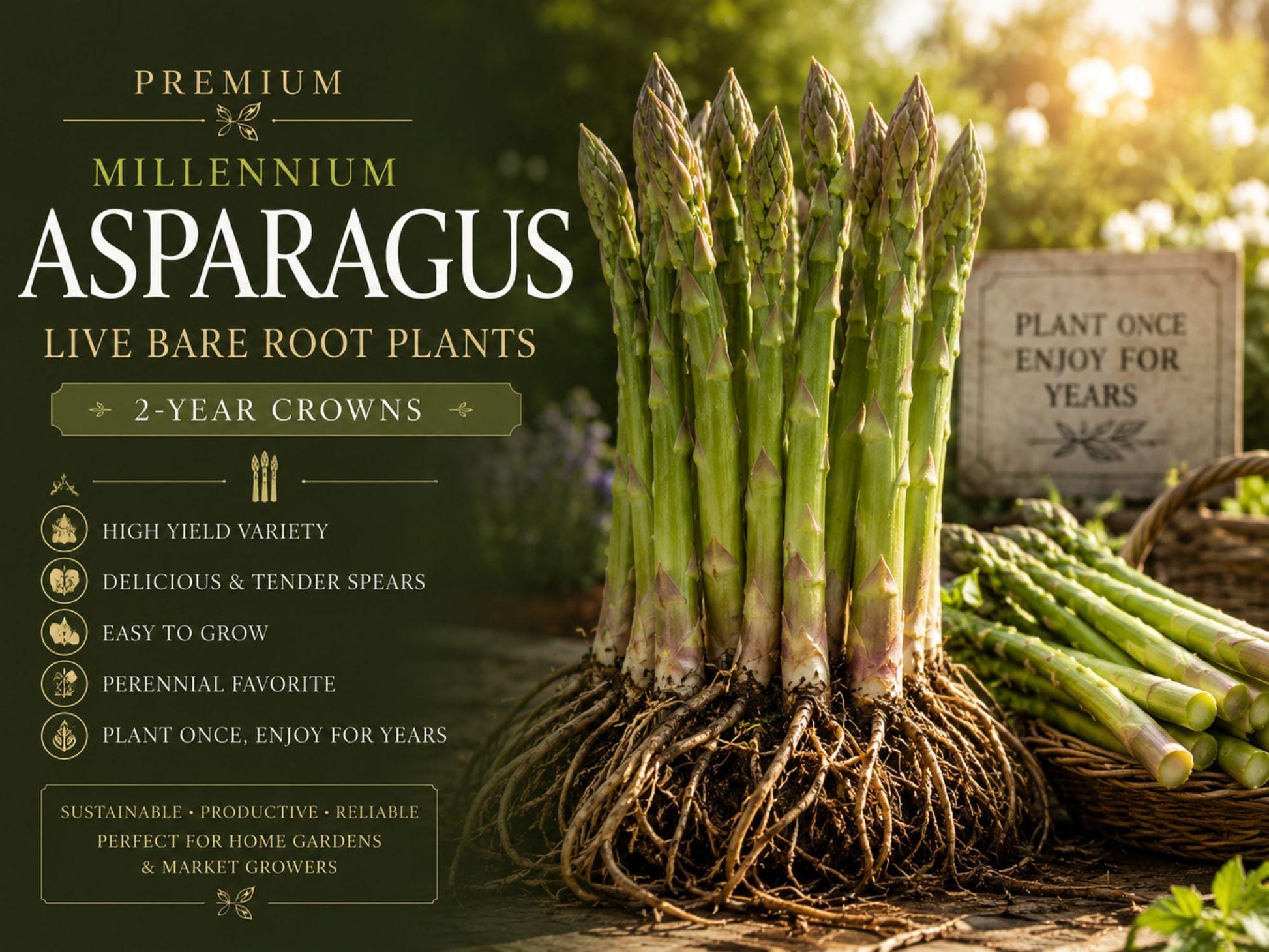 Millennium Asparagus Bare Root Crowns – 5 Pack, Perennial Vegetable, Green Spears, Asparagus officinalis, Cold-Hardy Garden Plant