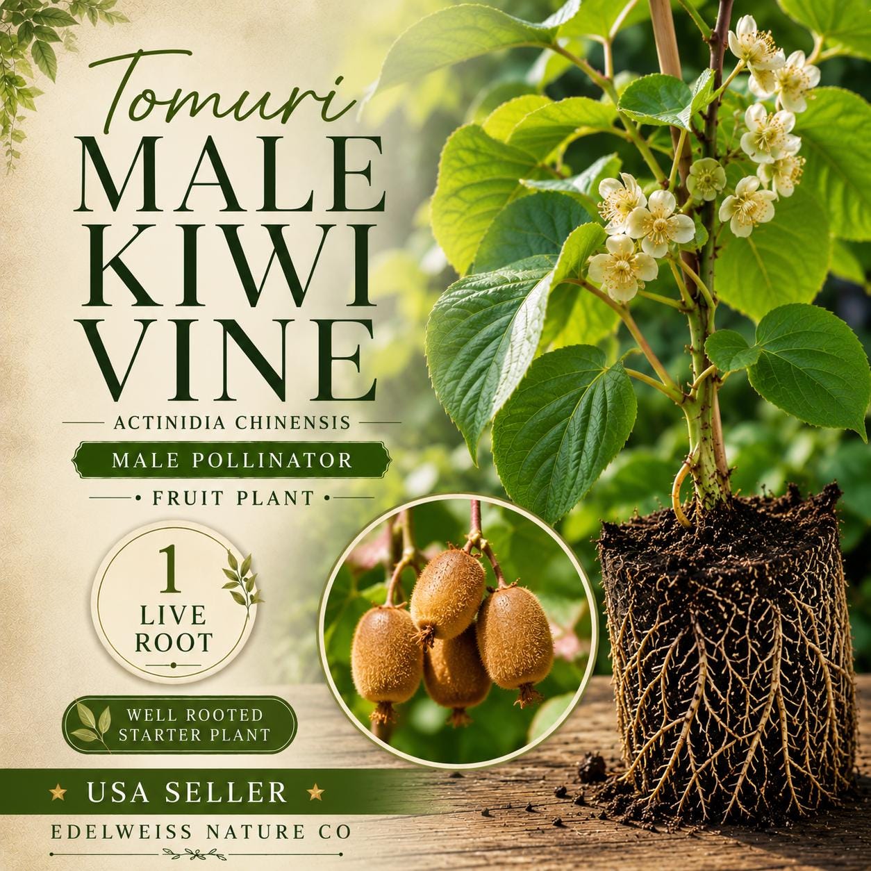Tomuri Male Kiwi Vine Starter Plant – Actinidia chinensis, Pollinator for Female Kiwi, Climbing Vine, Heirloom, Non-GMO