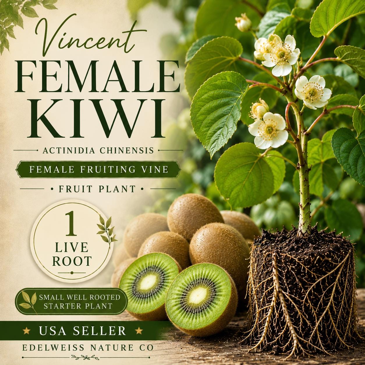 Vincent Female Kiwi Vine – Heirloom Non-GMO Actinidia chinensis Fruit Plant for Home Garden