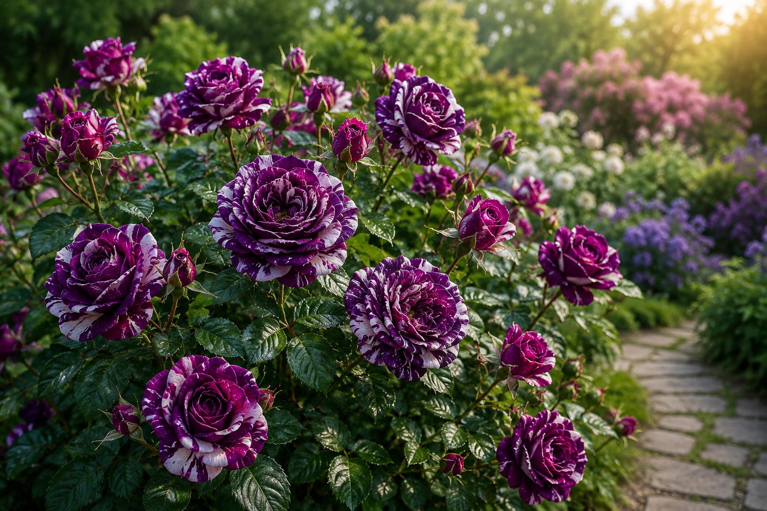 20pcs Scented Jewel Rose Seeds, Fragrant Floribunda Rosa spp., Purple & White Blooming Plants for Garden, Borders, Containers