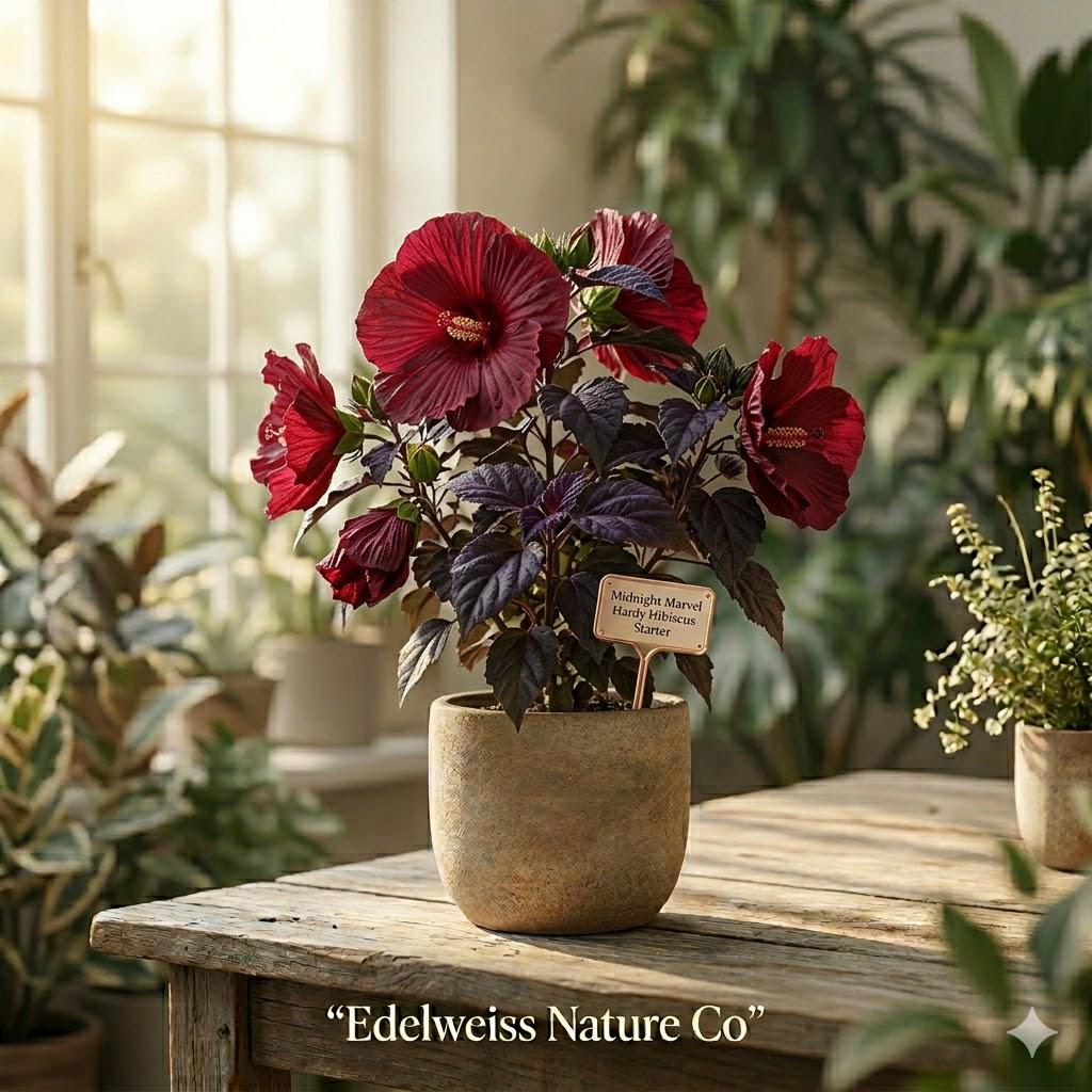 Midnight Marvel Hardy Hibiscus Starter Plant | Hibiscus moscheutos | Red Flowers & Dark Foliage | Perennial Garden Plant