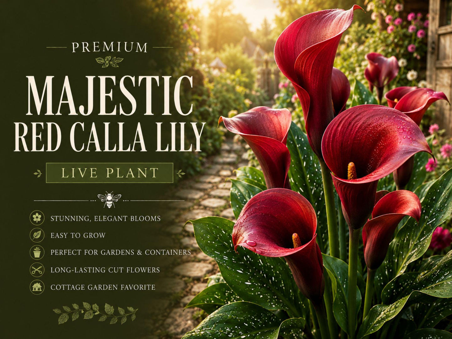 Majestic Red Calla Lily Rhizomes – Zantedeschia Flower Bulbs for Garden Beds & Containers, Deep Red Trumpet Flowers