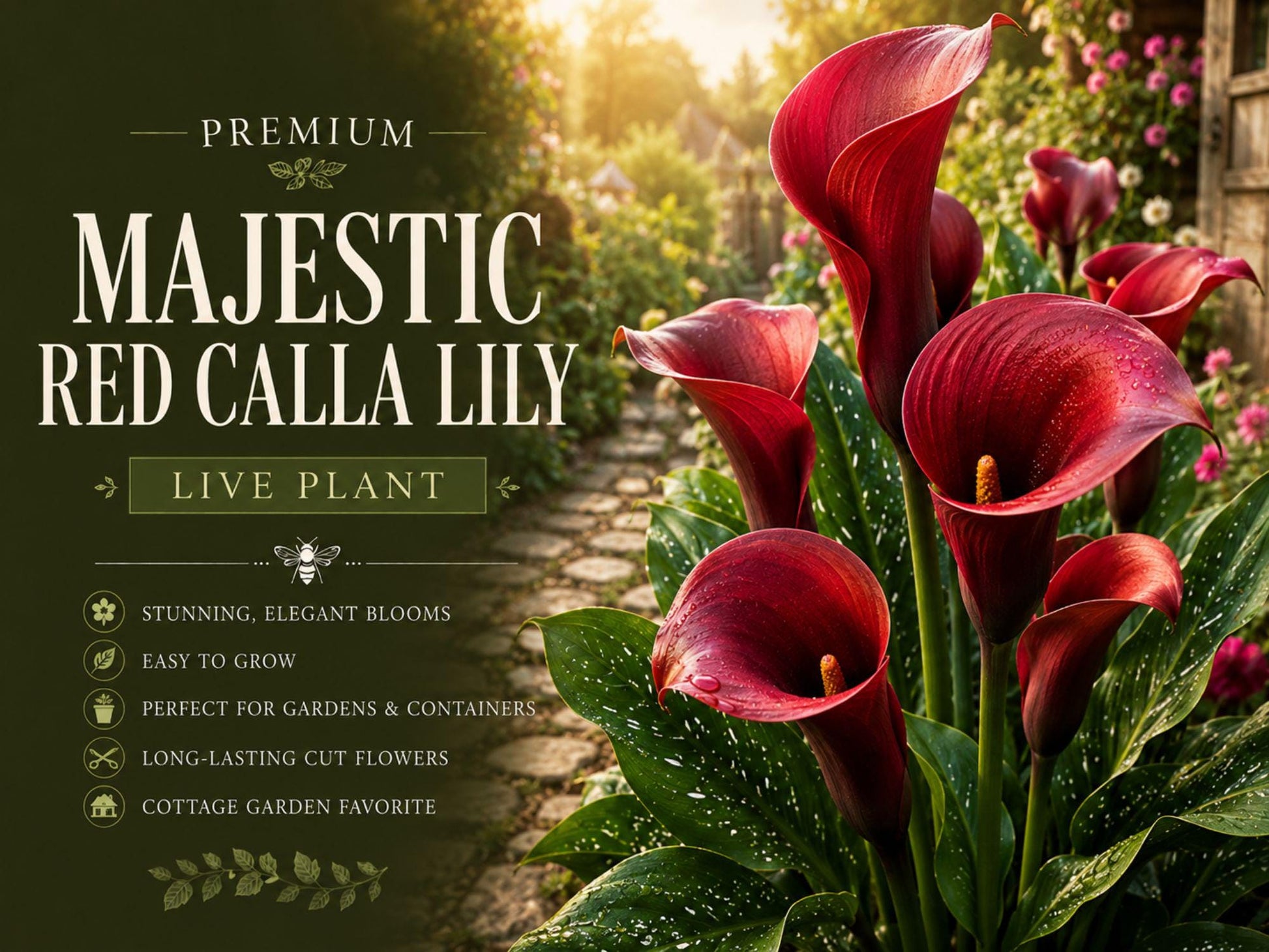 Majestic Red Calla Lily Rhizomes – Zantedeschia Flower Bulbs for Garden Beds & Containers, Deep Red Trumpet Flowers