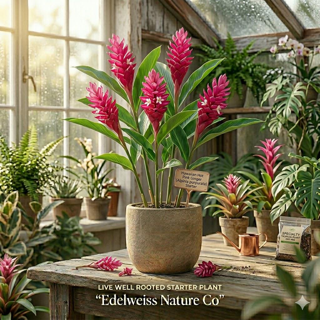 Hawaiian Hot Pink Ginger Plant | Alpinia purpurata Tropical Flowering Starter | Exotic Ornamental Garden Plant