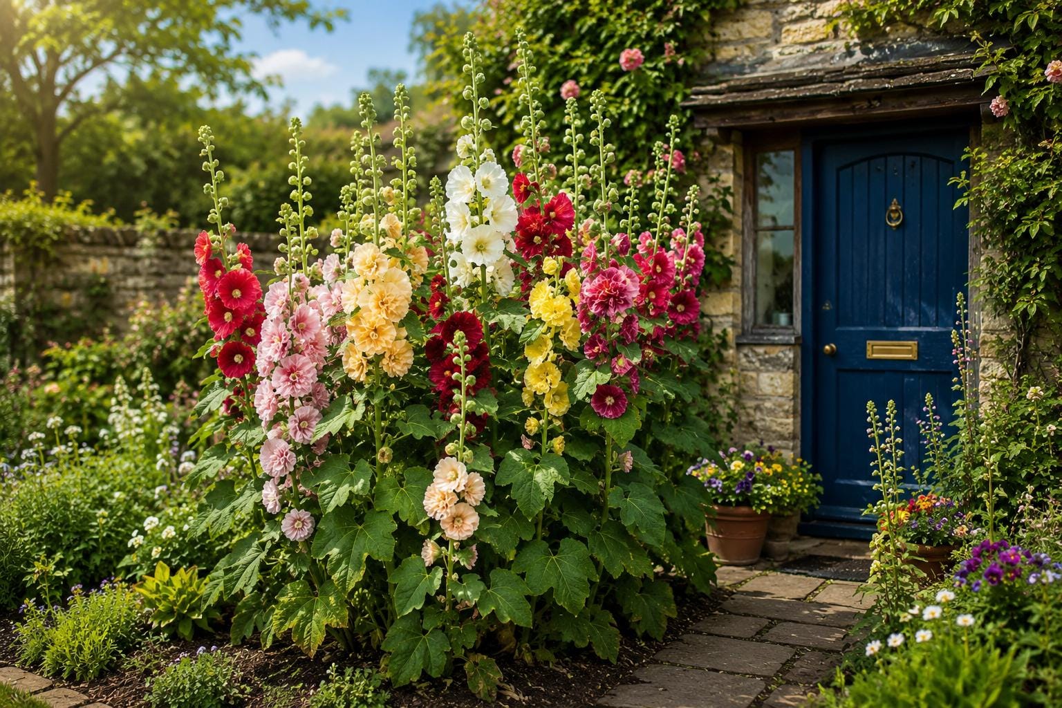 Hollyhock Seeds - 50 Pack - Tall Double Bloom Mix - Alcea rosea - Cottage Garden Perennials