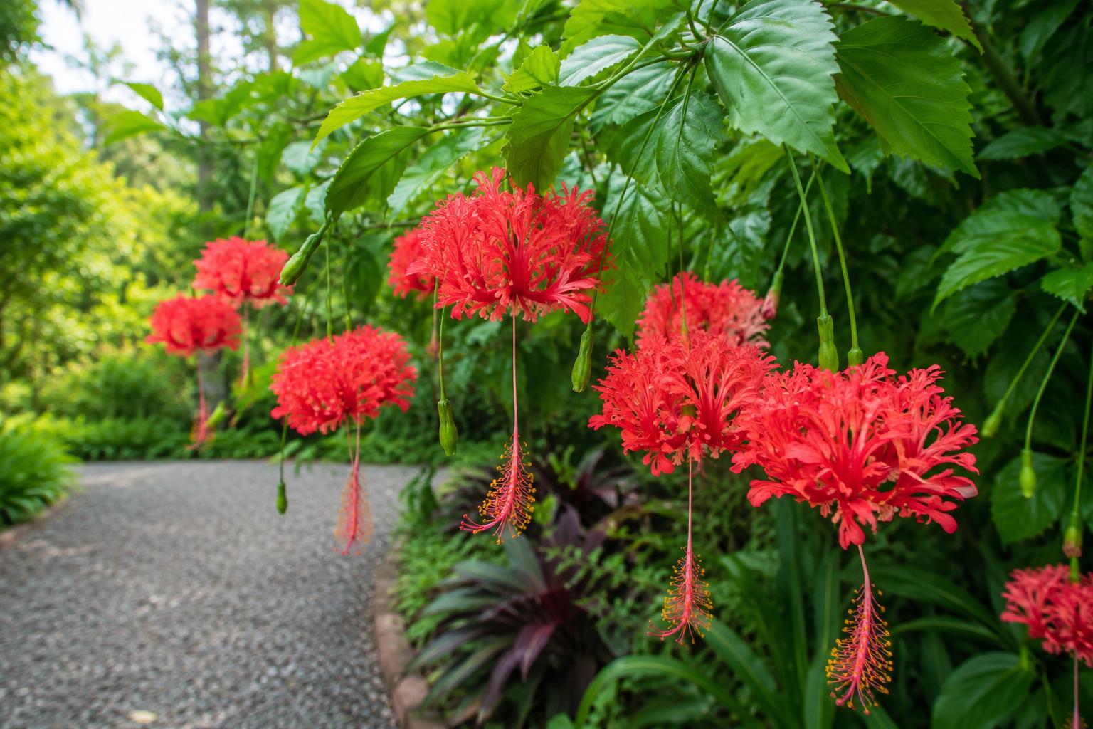 Rooted Chinese Lantern Hibiscus Starter Plant - Hibiscus schizopetalus, Fringed Petals, Pot-Ship in, Exotic Garden, Pollinator Attracting
