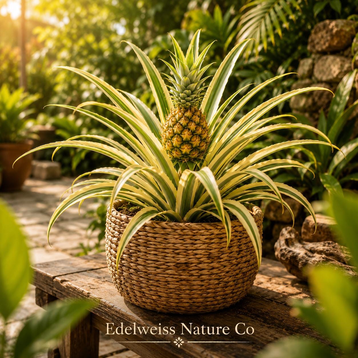 Variegated Pineapple Starter Plants, Ananas comosus, Tropical Edible Fruit, Ornamental Bromeliad, Container Garden, 5 Pack