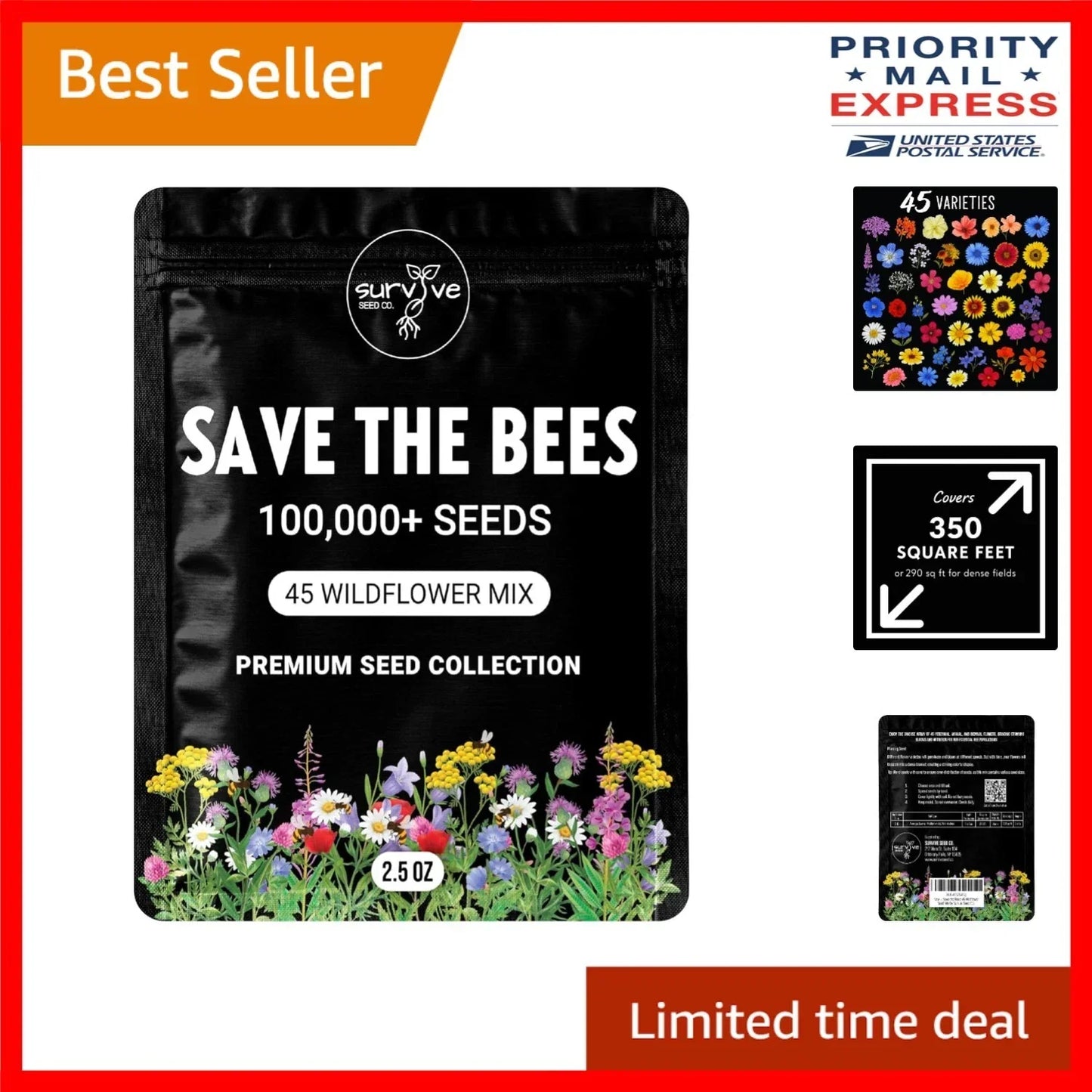 Wildflower Seed Mix – 100,000 Eco-Friendly Heirloom Seeds for Bees & Butterflies – Pollinator Garden Mix
