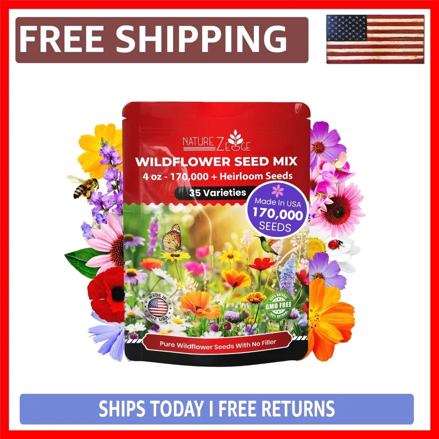 Wildflower Seeds Mix 1/4 lb – 35 Non-GMO Varieties for Pollinator Gardens, Eco-Friendly Landscaping, Vibrant Wildflower Display