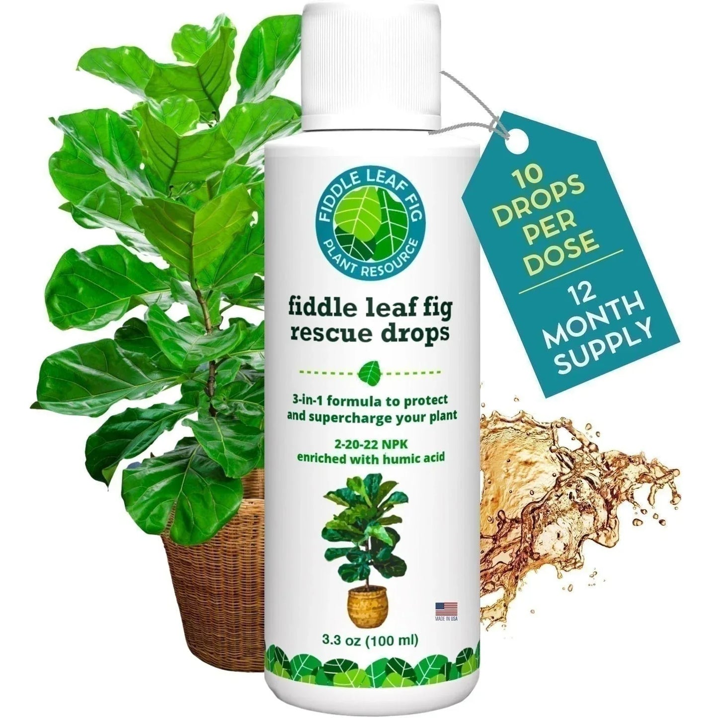 Fiddle Leaf Fig Rescue Drops - 100ml Liquid Fertilizer for Ficus lyrata, Root & Immunity Boost, Indoor Plant Care
