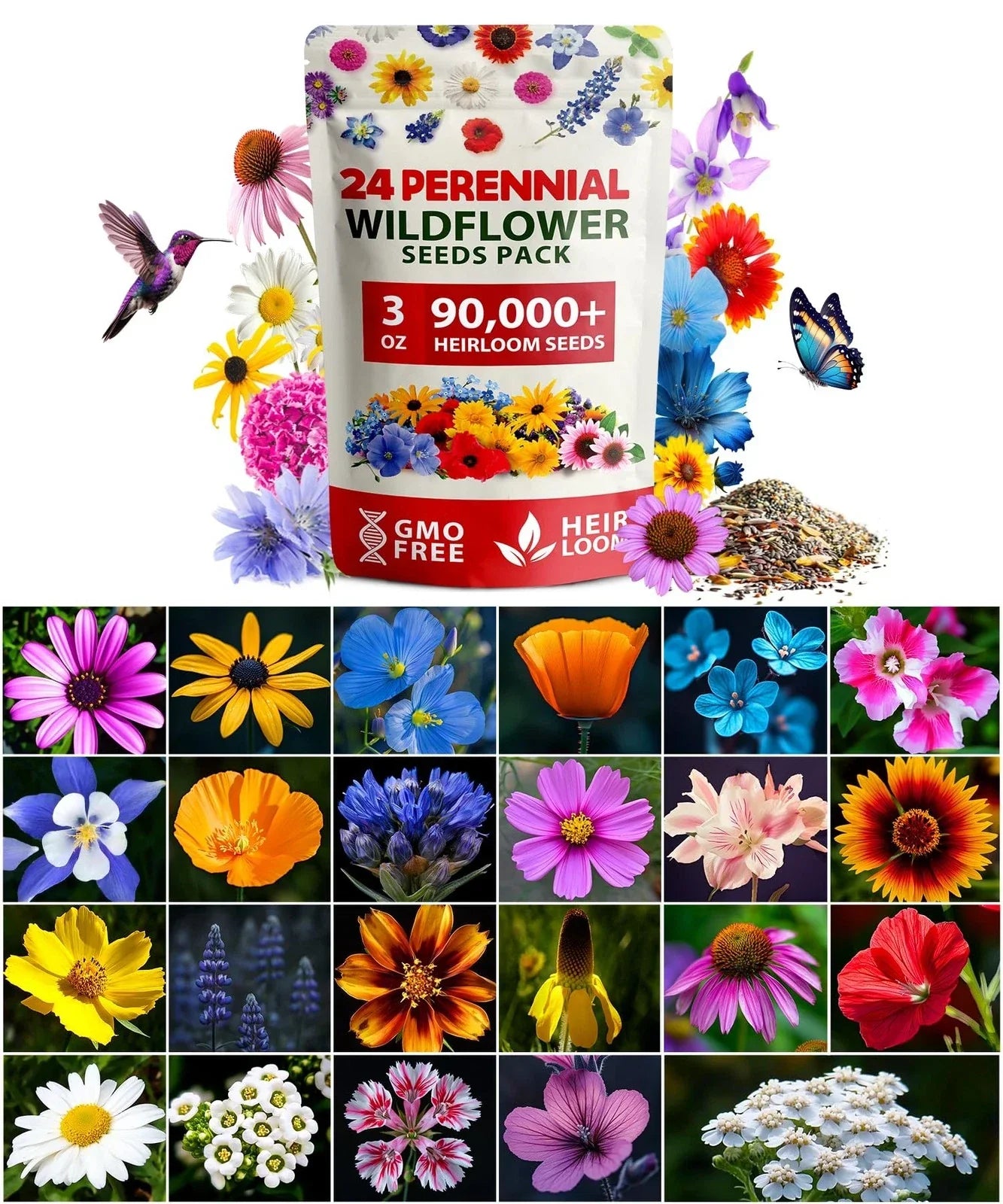 Wildflower Seeds 3oz Non-GMO Native Flora Mix for Gardens, USA-Sourced, 90,000+ Seeds, Pollinator-Friendly, Home Grown