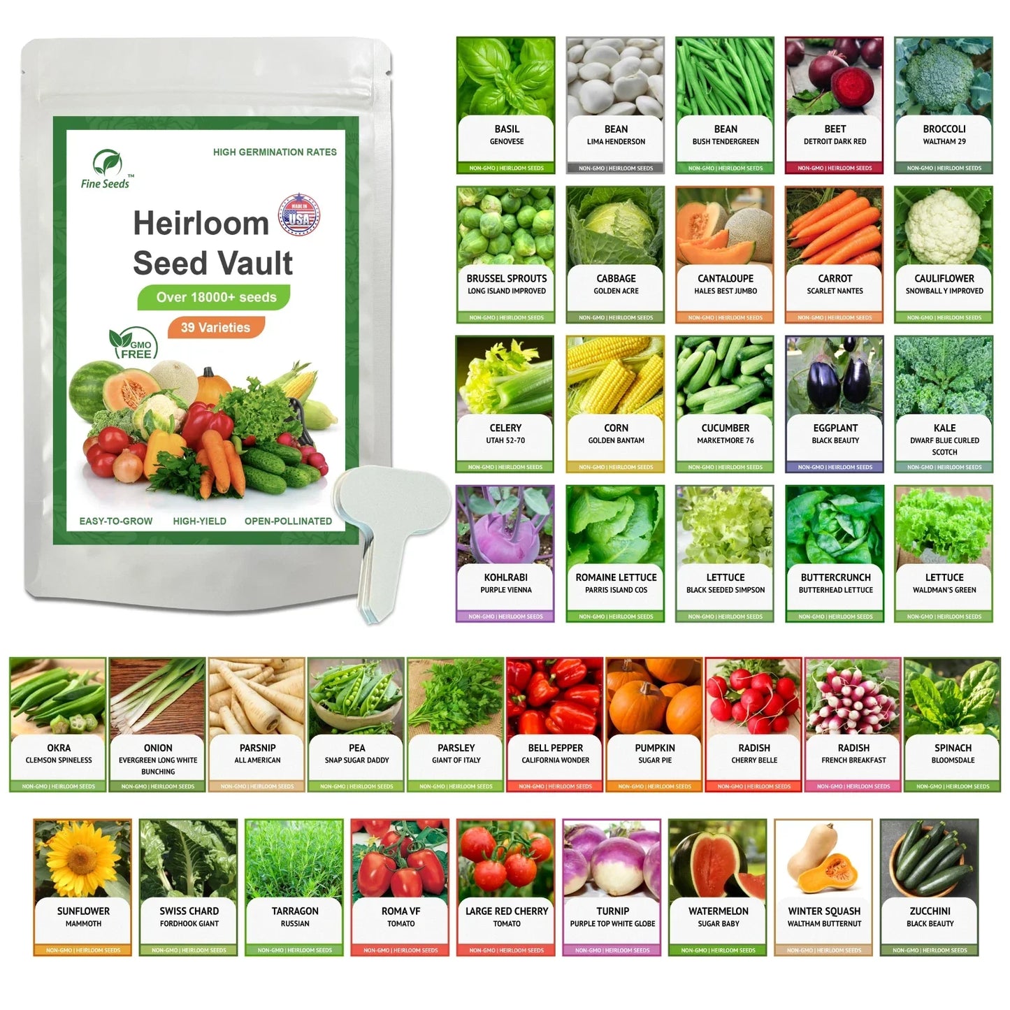 Heirloom Vegetable Seeds Survival Garden Kit – 39 Varieties, Non-GMO, Organic Gardening Supplies, Over 18,000 Seeds